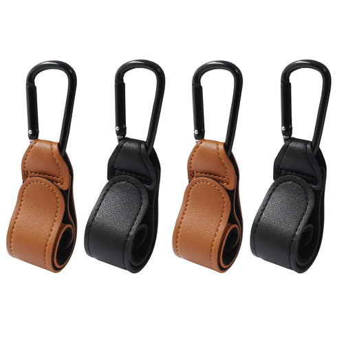 4 Pcs Durable Leather Stroller Hooks, Diaper Bag Clips for Stroller, Wheelchair, Shopping Carts - Black & Brown