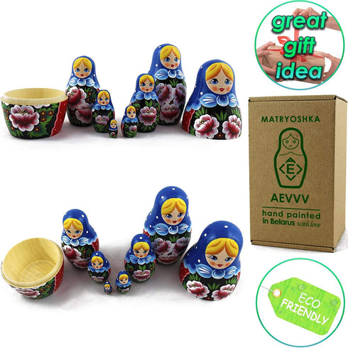 7 Nesting Babushka Dolls - Handmade Rose Hand-painted - Matruska Stacking Dolls - Munecas rusas - Home Decor