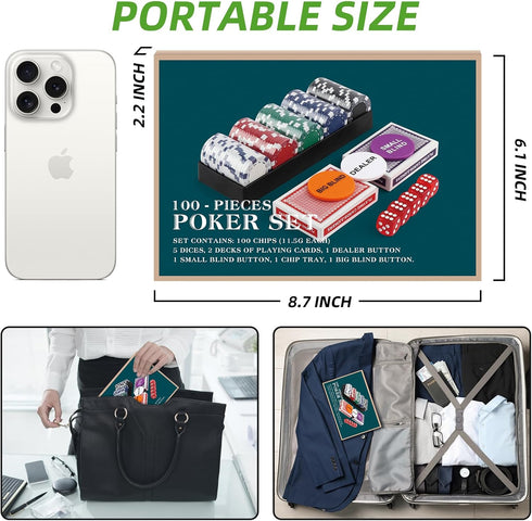 Poker Chip Travel Set - 100PCS 5 Color Professional Poker Chips in Cardboard Gift Box for Casino Card Games