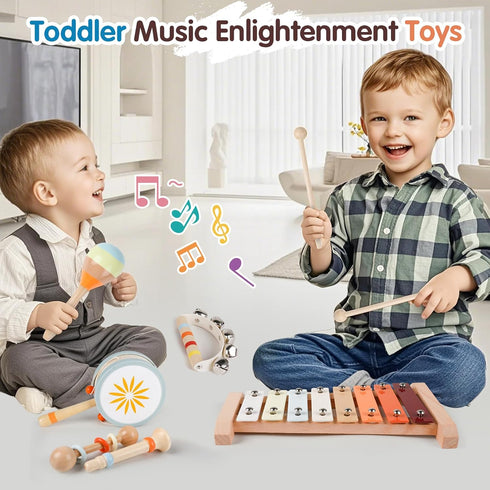 Set, 9PCS 1, 2, 3 Wooden Toddler Musical Instruments Kids Montessori Toys, Baby Toys with Xylophone & Drum, Educational