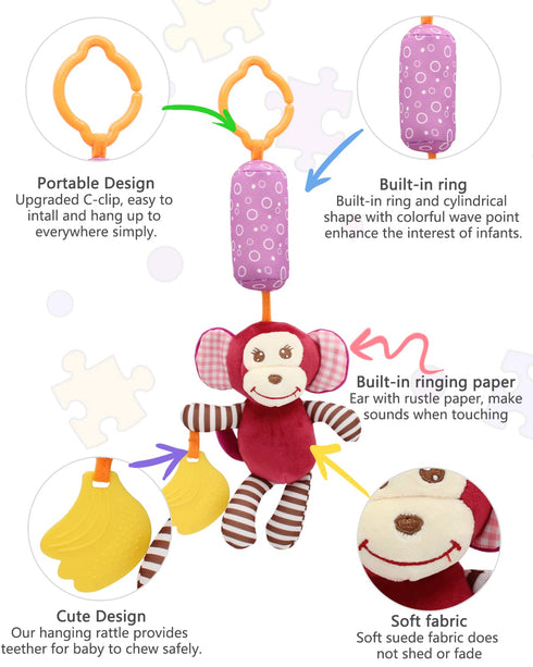 BLOOBLOOMAX Baby Car Seat Toys, Soft Plush Rattle, Cute Animal Doll, Early Development Hanging Toys for Newborns (12