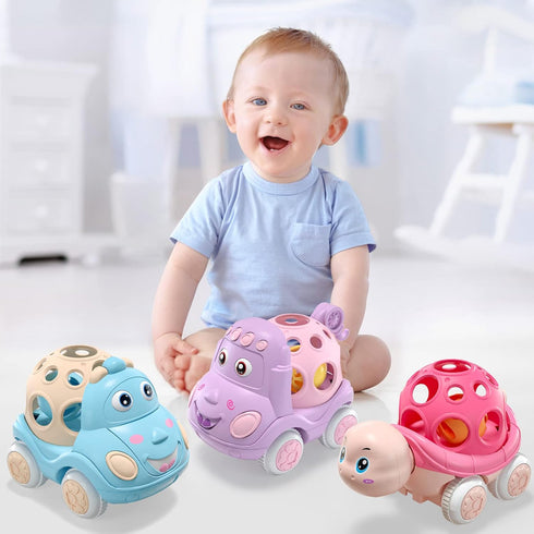 Baby Girl Toy Cars, Pink Push and Go Trucks Rattles for Infant Toddler Girls, Soft Rattle Car Gifts