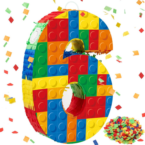 Number 6 Building Blocks Piñata, 16.5 Inch Party Supplies for 6th Birthday Decorations, Confetti Blocks Theme
