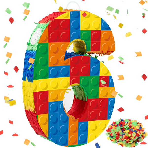 Number 6 Building Blocks Piñata, 16.5 Inch Party Supplies for 6th Birthday Decorations, Confetti Blocks Theme
