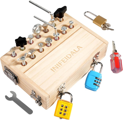 3-5 Set INIFEIDALA Montessori Busy Board - Wooden Sensory Activity Toy for Year Olds with Locks, Keys & Screwdriver
