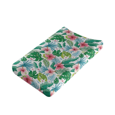 Lovely Tropical Hibiscus Diaper Changing Pad Cover, Retro Floral Changing Table Sheets for Girls Boys, Green