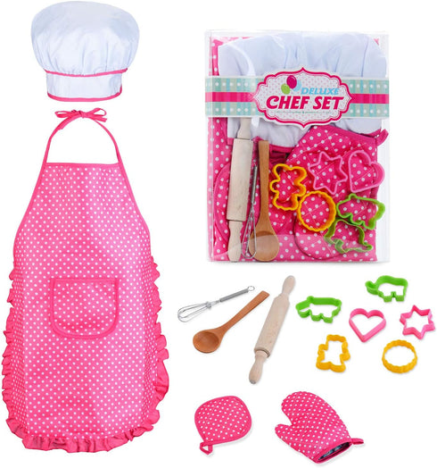 Chef Set for Kids - 13 Pcs Cooking and Baking Set with Apron, Chef Hat, Utensils, Gift for 3 Year Olds