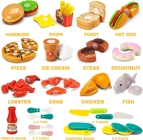 JASNKKONT 42 87 Set Items Pcs Cutting Play Kitchen for Kids, Pretend Cooking Fruit &Vegetables&Fast Food with Storage