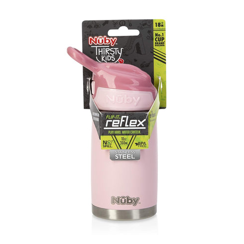 10 Oz 18+ Nuby Thirsty Kids No Spill Flip-It Reflex Stainless Steel Travel Cup or Water Bottle - - Months - Pink - Back
