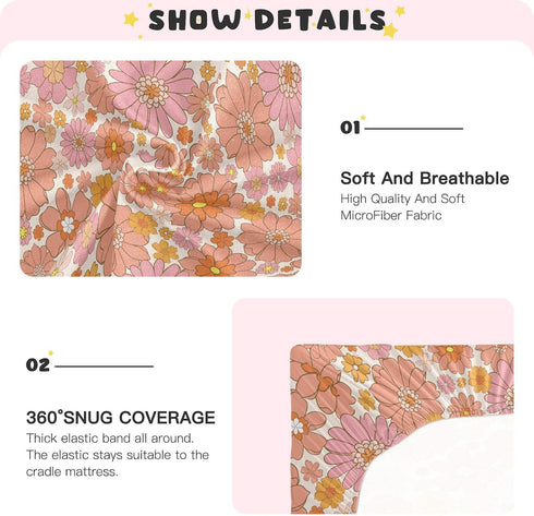 CaTaKu 28"x 52" Mini Crib Sheets Fitted for Girls Boys Retro Orange Flower Baby Crib Sheets, Neutral Mattress Sheets