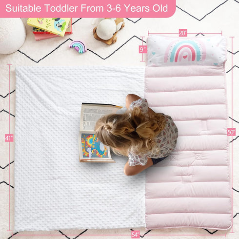 PHF Toddler Nap Mat with Removable Pillow and Minky Fleece Blanket, 50"x20"x2" Rollup Design for Kids