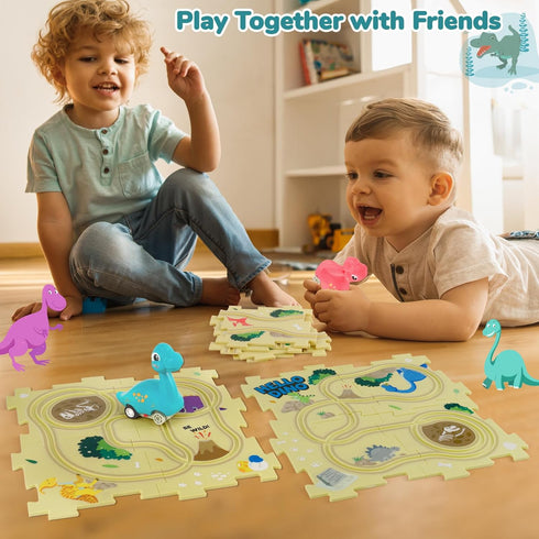 Kids Car Track Set Puzzle Racer with 2 Dino Cars, Toys for Boys Ages 2-6, Montessori Car Tracks for Toddlers