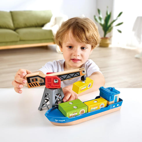 Playset, 3Y+ Hape Cargo Ship & Crane | Toy Boat and Crane for Children Ages