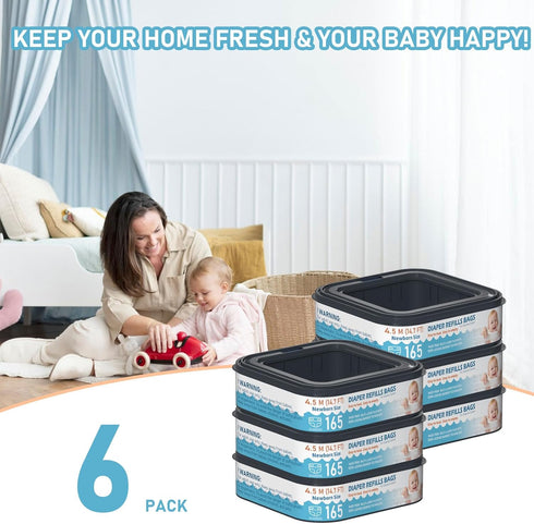 Fununcat 165 6 Pack Square Starter Refills Disposal Bags Refill Compatible with Diaper Genie Classic, Compact