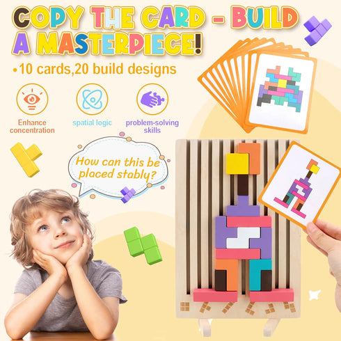 3+ 3D 3 4 5 6 7 10 JONEG Games for Year Olds Kids- Wooden Stacking Puzzles - Brain Teasers Russian Blocks Board - STEM