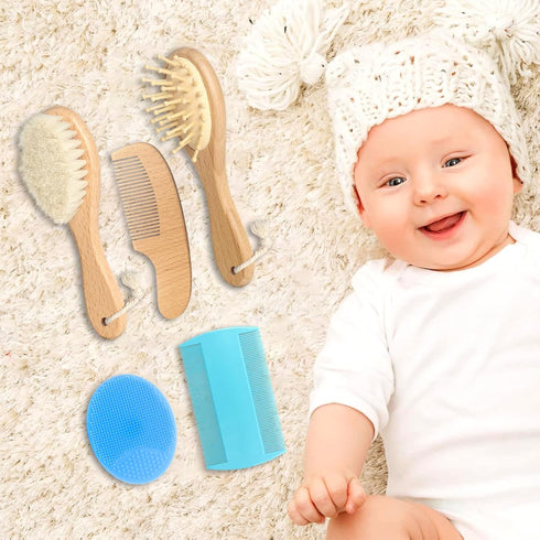 Set 5 1 Wooden Natural Goat Bristle Brush and Cradle Cap Comb - in Baby Grooming Kit for Newborns, Toddlers, Boys