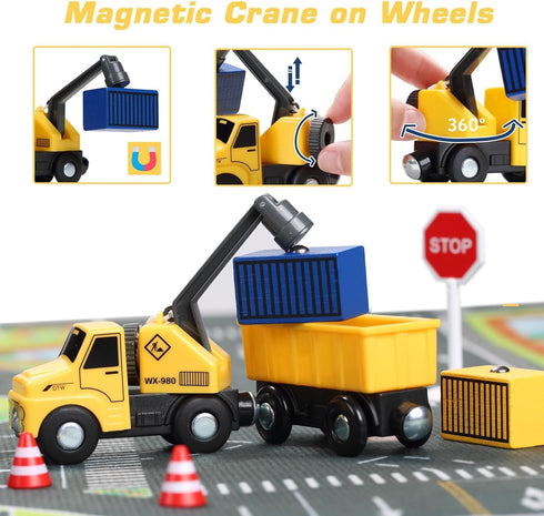12Pcs Set, Set 3 4 5, Giant bean Vehicles Battery Operated Train Car Magnetic Mini Construction for Wooden Train Track