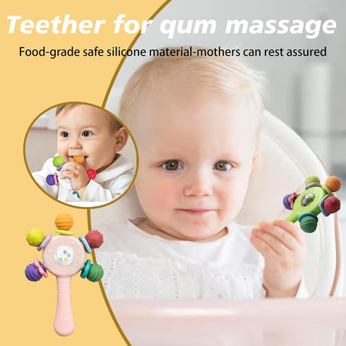 Joinshow 2PCS 0-36 Baby Sensory Teething Toys-Rattle Stick,Food Grade BPA Free Chew Toy,Grip Strengthening Handle