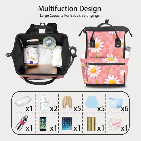 Hsnar Backpack Watercolor Checkered Daisy Waterproof Diaper Bag Large Capacity Baby Bag with Stroller Straps
