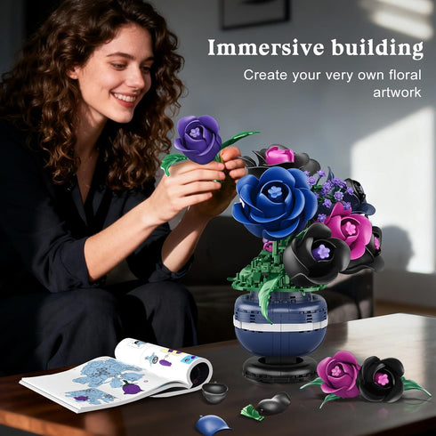 Set 507PCS Set HiWEEGO Flowers Botanicals Building - Artificial Purple Black Rose Bonsai Plant for Home Decor