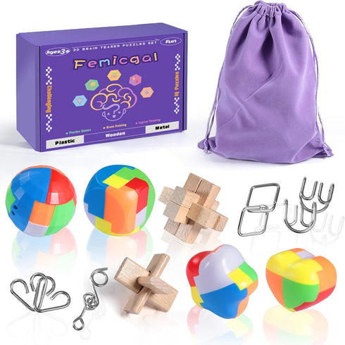 Brain Teaser Puzzles for Adults and Kids - 10Pcs Puzzle Games Set, 3D Wooden Plastic Metal Unlock Interlock Educational