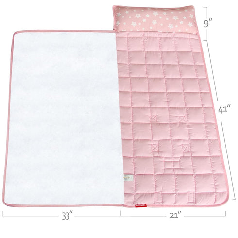Moonsea Toddler Nap Mat Pink with Pillow and Fleece Minky Blanket, Lightweight Sleeping Bag for Kids