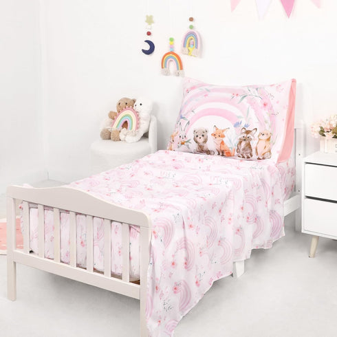 Set 4 Set Hooyax Toddler Bedding for Girls - Piece Rainbow Toddler Comforter Includes Fitted Sheet, Comforter