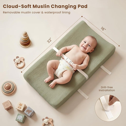 2 Pack 32x16 inches Konssy Muslin Changing Pad with Waterproof Lining Foam, Includes Soft & Cotton Cover, Baby Diaper