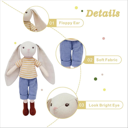 15" Bunny Stuffed Animals for Baby, Plush Doll Wearing Striped T-Shirt and Pants, Gift for 3-5 Year Old Girls