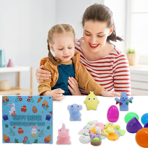 24 Pcs Easter Eggs with Mochi Squishy Toys, Animal Stress Reliever Squishy Toy for Kids Easter Eggs Hunt, Party Favor