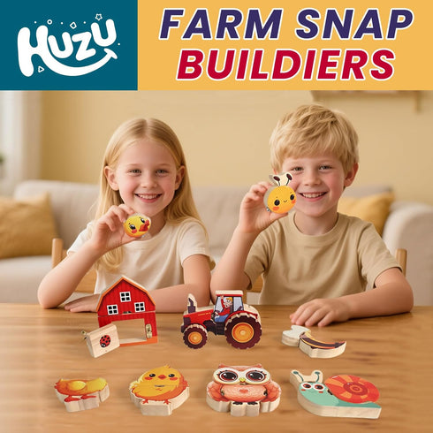 HUZU Farm Snap Wooden Blocks Montessori Building Toy for Toddler Kids, Moving Wheels Tractor, Lockable Door Barn, Mix