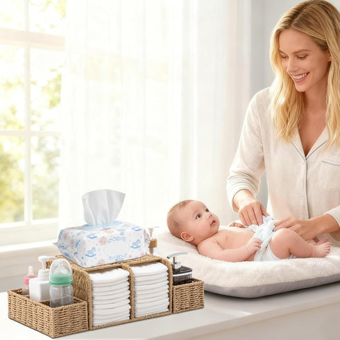 Fiwochic Large Wicker Diaper Caddy Organizer, Detachable Modular Changing Table Organizer for Nursery, Woven Diaper
