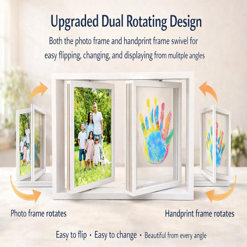 Family Handprint Frame Kit, Dual Rotating Photo & Handprint Display, DIY Keepsake Craft with Wooden Frame, Non-Toxic