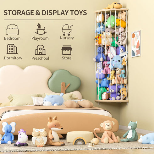 Jtksfcl Stuffed Animal Storage Wood Corner Plush Toys Holder with Star Pattern, Length Adjustable Hanging Stuffed