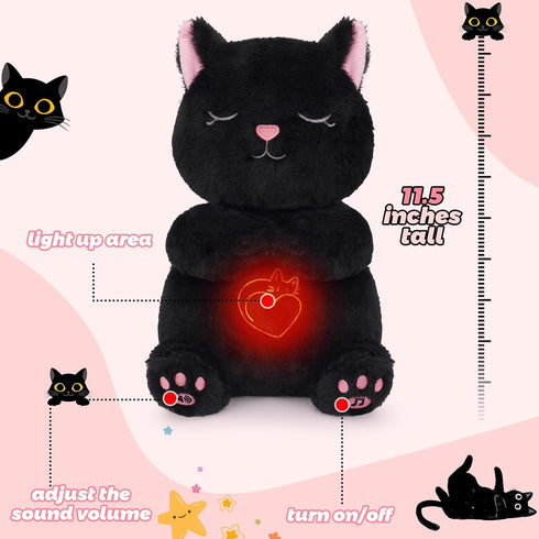 Breathing Stuffed Animal - Black Cat Plush Baby Toy, Soothing Sound Machine with Realistic Breathing Motion and Lights