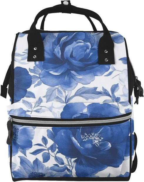 ZSUUGJ Navy Blue Floral Printed Diaper Bag Backpack Baby Bag Multi Function Baby