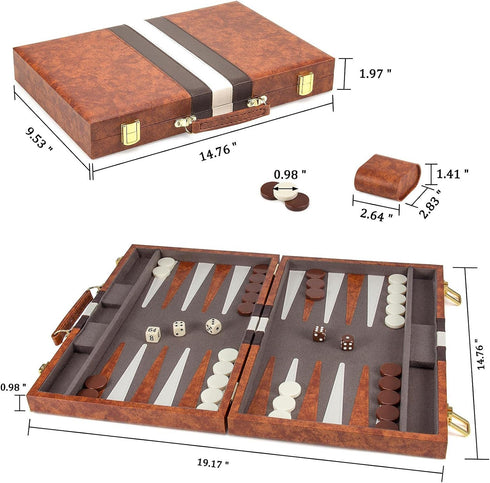 Backgammon Set - 15 Inches Classic Board Game with Leather Case, Portable Travel Strategy Game for Adults and Kids