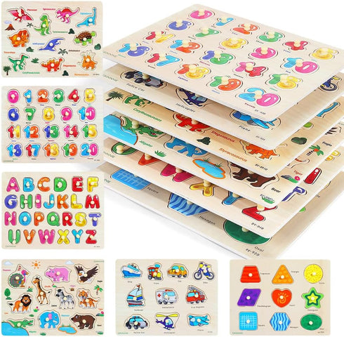 GRINNNIE Wooden Peg Puzzle for Toddlers, 6 Pack Toddler Puzzles Set for