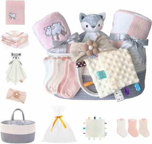 CREVENT Set for Girls -Diaper Caddy Organizer Basket with 2 Blankets, 1