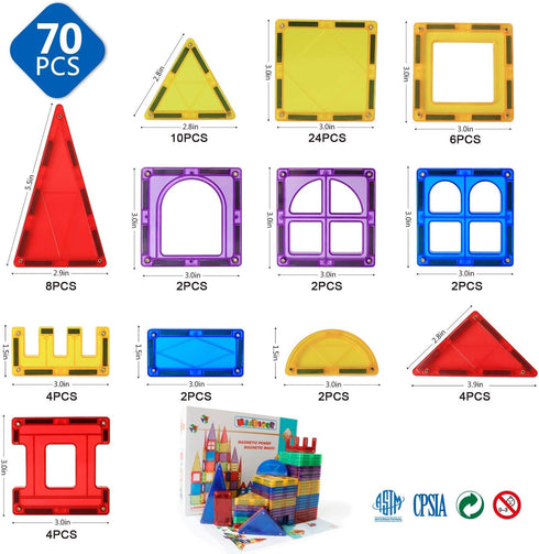 Magnetic Blocks - Magnetic Toys for Toddlers, Kids Building Blocks, Preschool Magnet Set, 70 Pieces