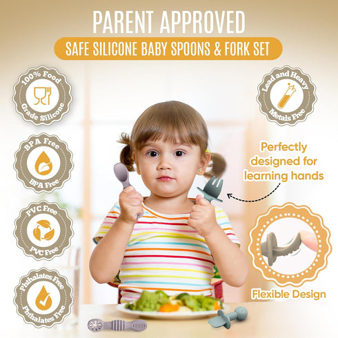 4pc Silicone Self Feeding Baby Utensils Set, 3 Baby Spoons and 1 Fork, BPA Free, Dishwasher Safe, Light Pink/Army Green