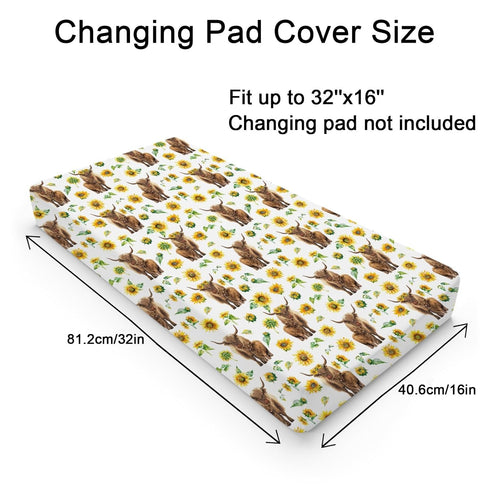 Highland Cow Sunflowers Leaves Baby Changing Pad Cover for Boy Girl 32''x16'' Highland Yak Boho Floral Fitted Diaper Change Table Sheets Farm Animal Comfort Soft Breathable Nursery Changing Table Mat