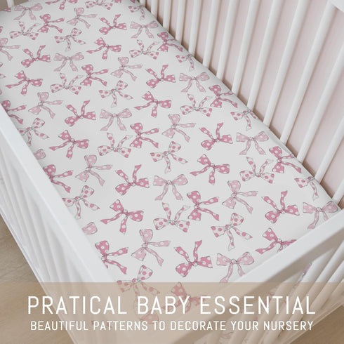 Selgkds 52''x28'' Pink Dot Bows Baby Crib Sheets for Girls Sweet Girly Bows Soft Stretchy Fitted Crib Mattress Covers