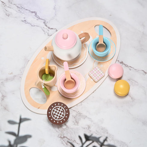 23pcs Set Set Set Playset Wooden Tea for Little Girls, Toddler Tea Wooden Toys Play Kitchen Accessories with Cupcake
