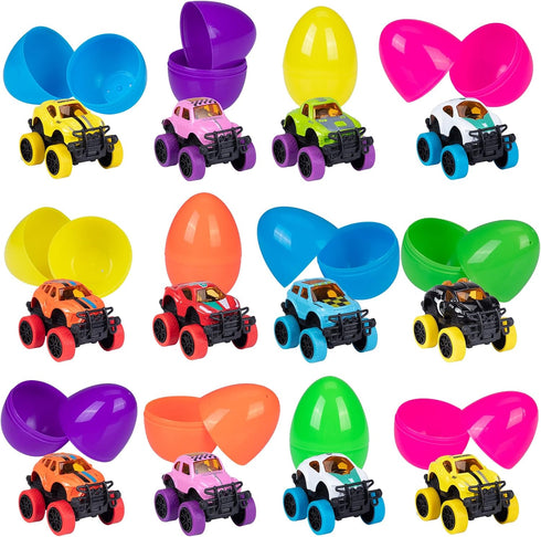 ThinkMax 12pcs Easter Eggs Prefilled with Pull Back Cars, with toys inside for Easter Eggs Hunt, Easter Basket