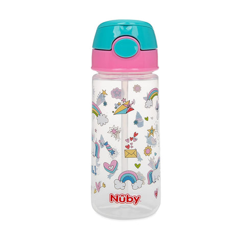 Nuby 2-Pack Kid’s Printed Flip-it Active Water Bottle, 18oz / 540ml with Push Button Cap, 18+ Months