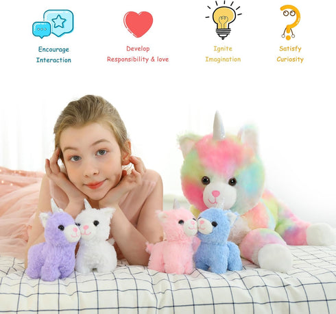 24'' Mommy 4 5Pcs MorisMos Cat Unicorn Stuffed Animal with Baby Kittens, Cat and Baby Kitty Stuffed Animals, Large