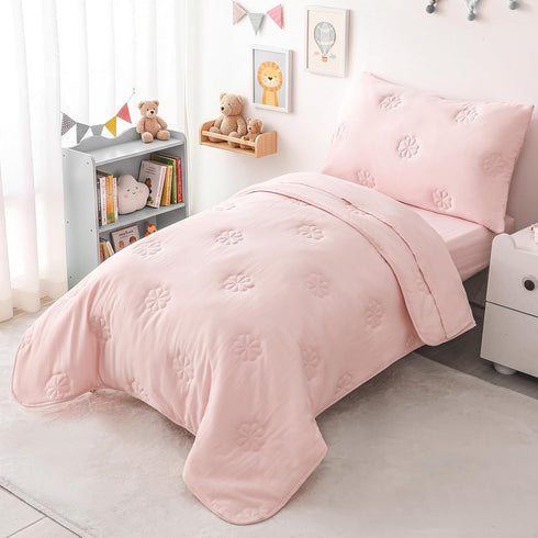 Sets 4 Pink Toddler Bedding for Girls, Pieces Soft Microfiber Floral Embroidery Toddler Bed-in-a-Bag Includes Soft