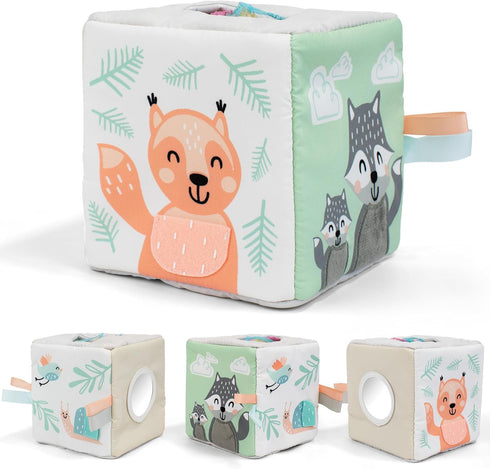 Fun Baby Tissue Box with Mirror, Soft Montessori Toy with Crinkle Paper & Fabric Tissues for Newborns 6-12+ Months