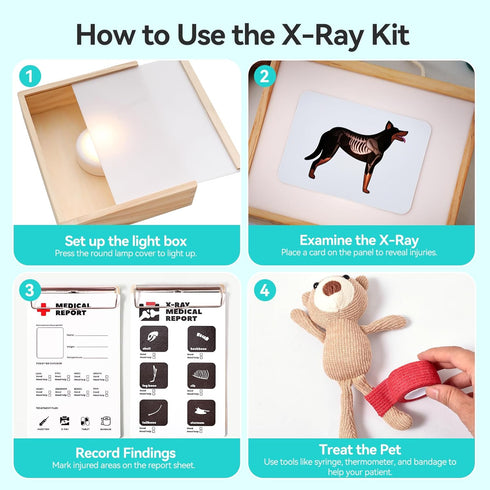 3-5, Doctor Kit for Toddlers Pet Vet Pretend Play Toys for Kids, with X-Ray, Wooden Light Box, Medical Tools, STEM